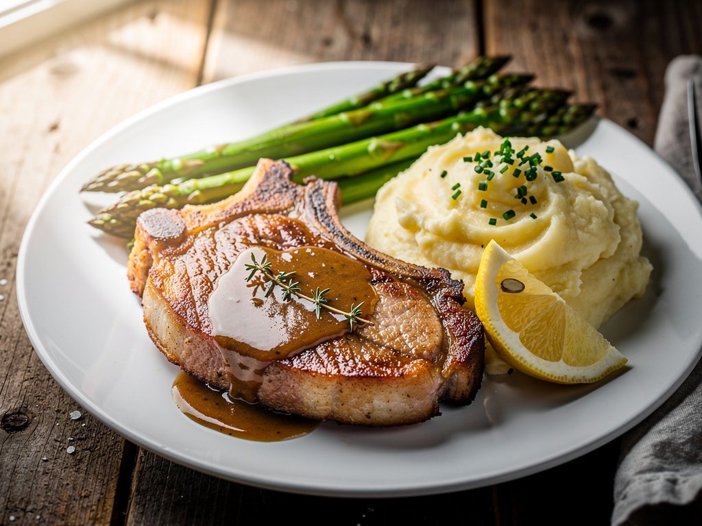Herb-Crusted Pork Chops with Creamy Mashed Potatoes and Roasted Asparagus