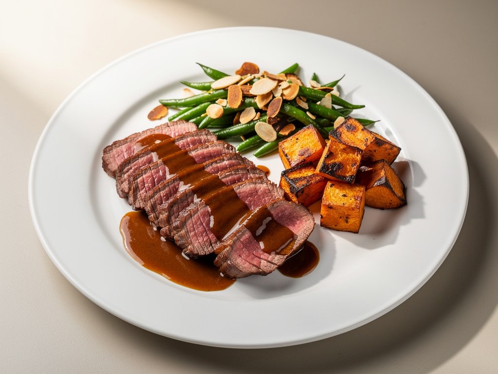 Herb-Crusted Ranch Steak with Roasted Sweet Potatoes and Green Beans Amandine