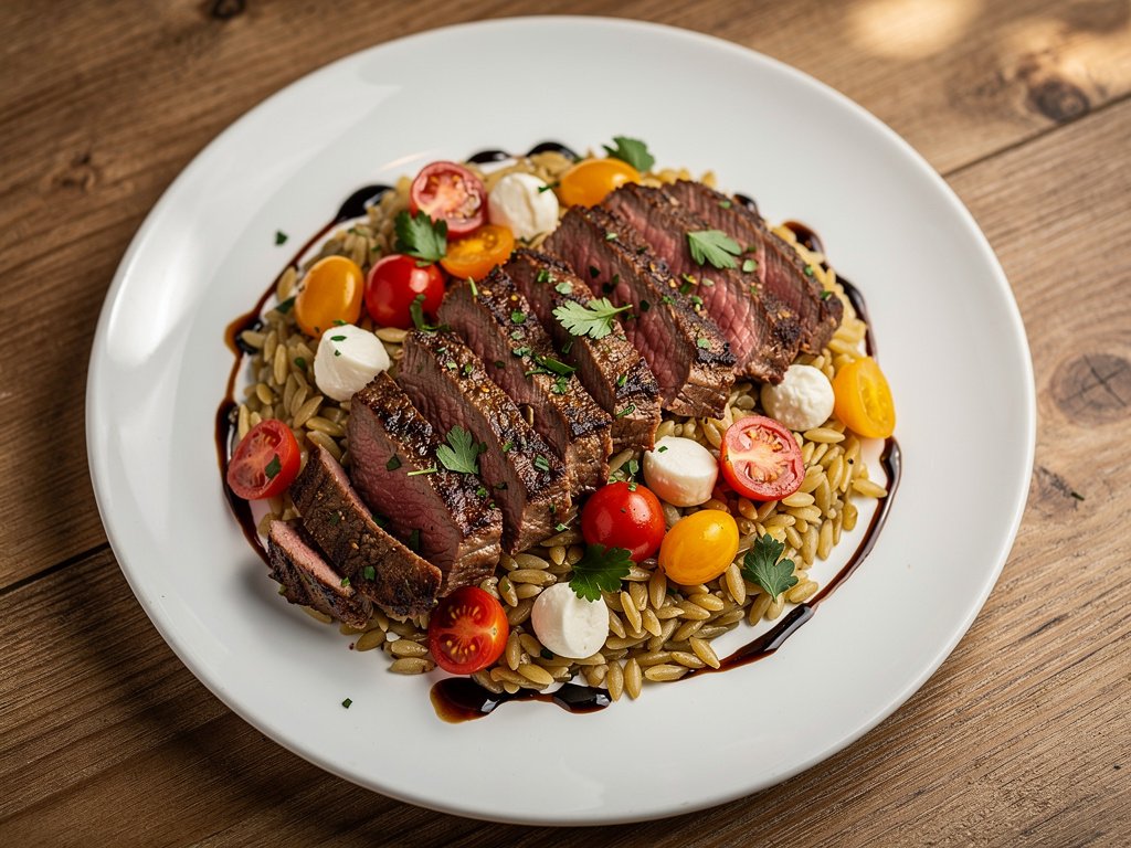 Herb-Crusted Sirloin Steak with Orzo Caprese Salad