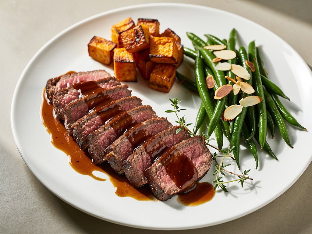 Herb-Crusted Sirloin Steak with Roasted Sweet Potatoes and Green Beans Amandine