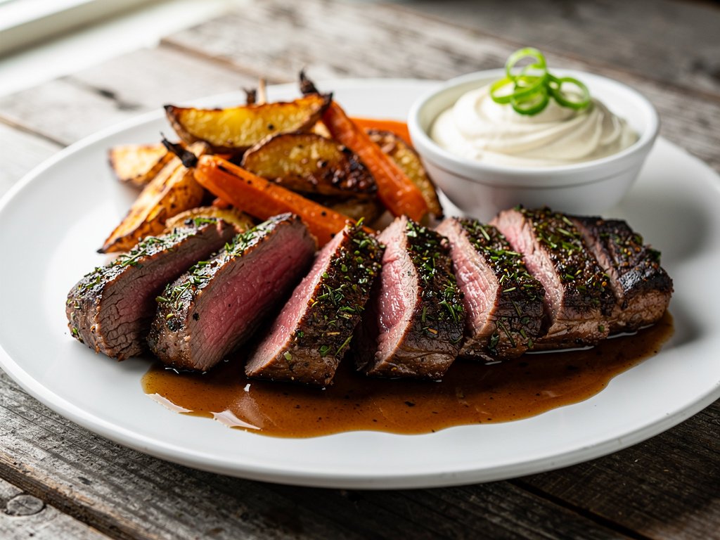 Herb-Crusted Sirloin Steak with Truffle Cream and Roasted Vegetables