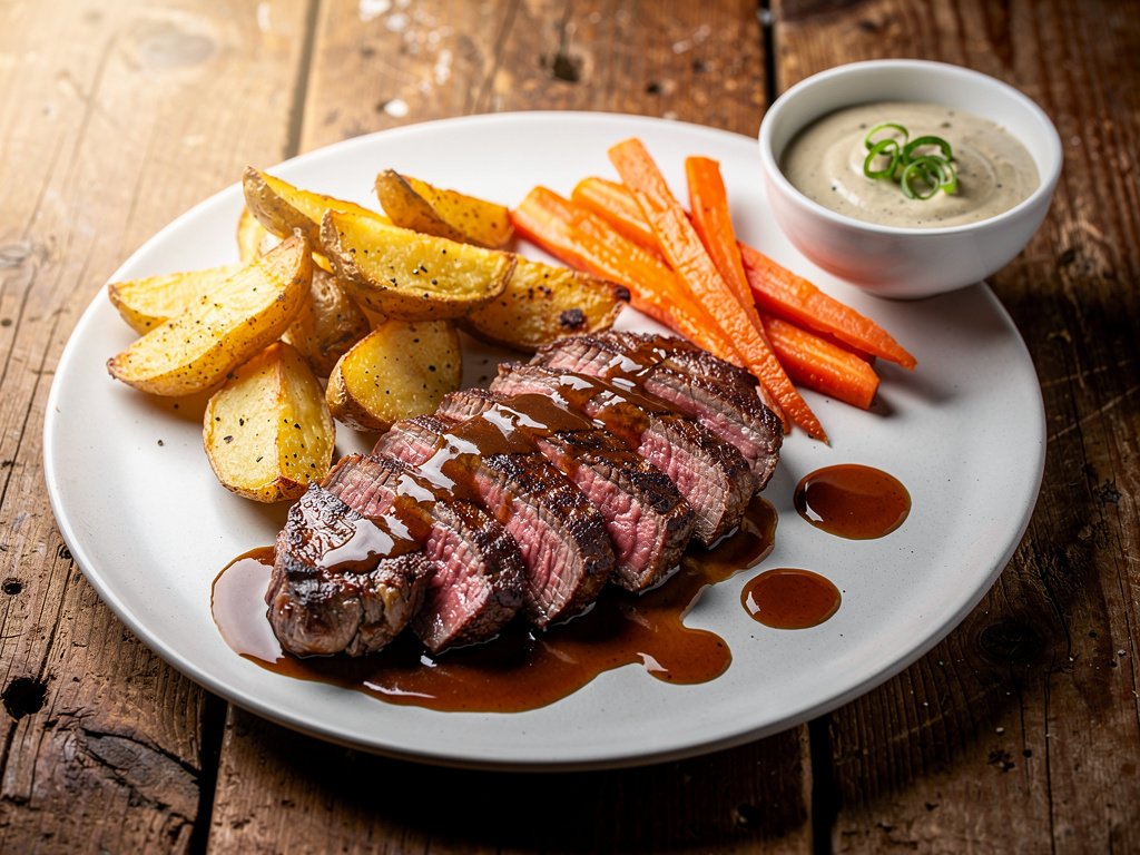 Herb-Crusted Sirloin with Truffle Cream and Roasted Root Vegetables