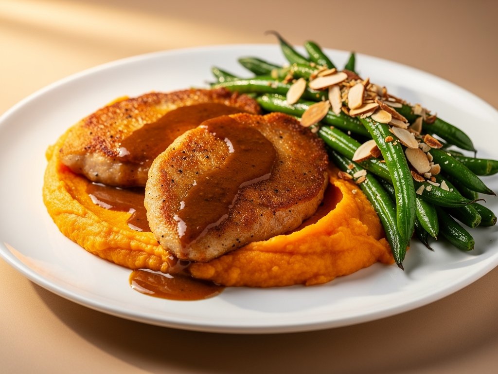 Herbed Chicken Cutlets with Sweet Potato Mash and Almond Green Beans