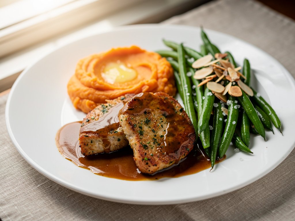Herbed Chicken Cutlets with Sweet Potato Mash and Almond Green Beans