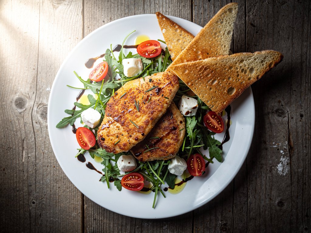 Herby Chicken Cutlets with Arugula Caprese Salad and Ciabatta Toasts