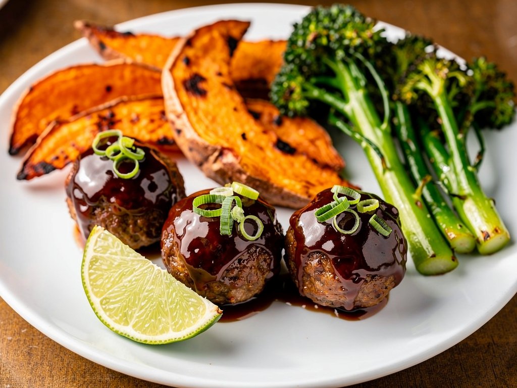 Hoisin Glazed Meatballs with Roasted Sweet Potato and Baby Broccoli