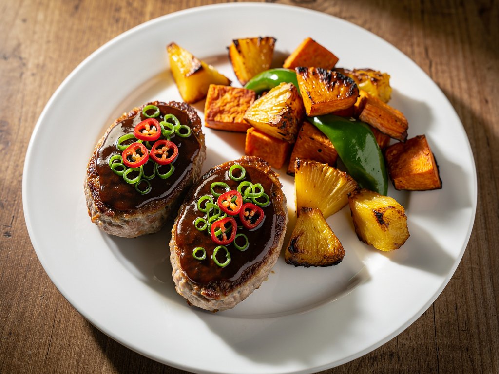 Hoisin-Glazed Pork Meatloaves with Roasted Sweet Potatoes and Pineapple