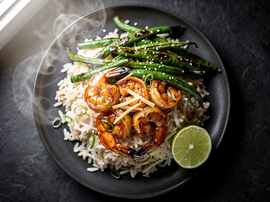 Hoisin Glazed Shrimp with Ginger Scallion Rice and Crispy Green Beans