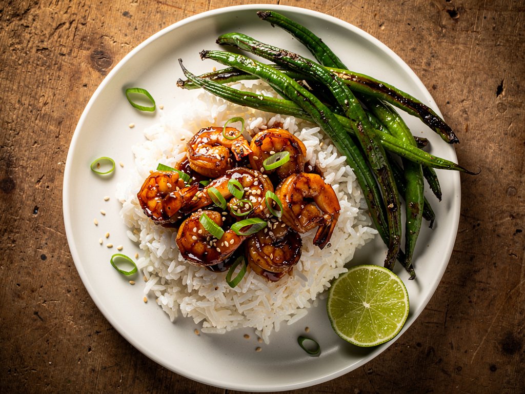 Hoisin Shrimp with Ginger Scallion Rice and Roasted Green Beans