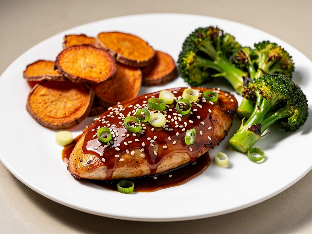Hoisin Sriracha Glazed Chicken with Roasted Sweet Potatoes and Ginger Broccoli