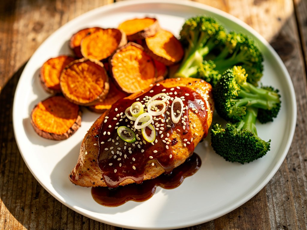Hoisin Sriracha Glazed Chicken with Roasted Sweet Potatoes and Ginger Broccoli
