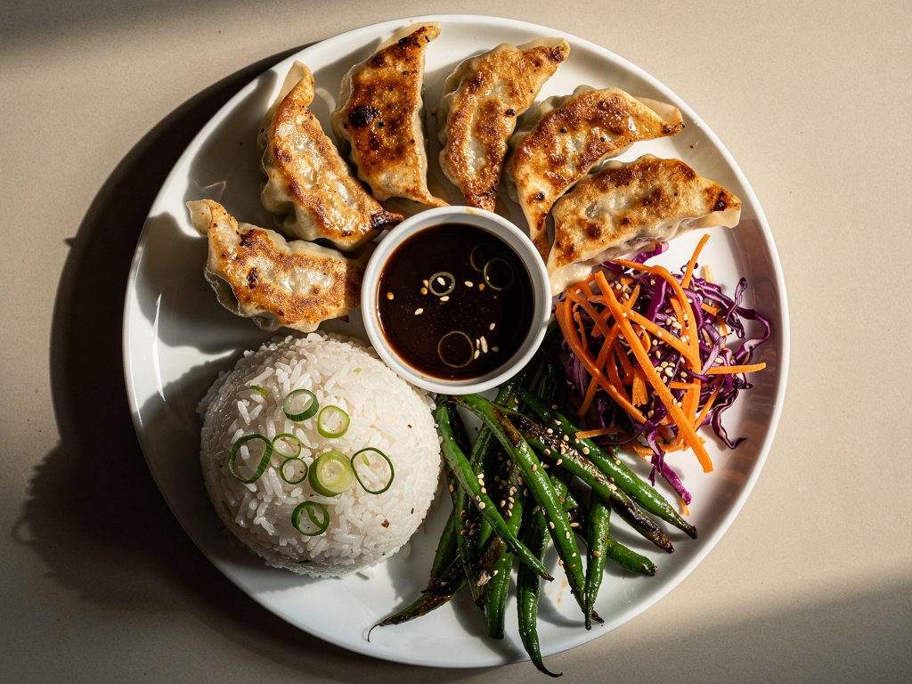 Homemade Pork Dumplings with Sesame Green Beans and Scallion Rice