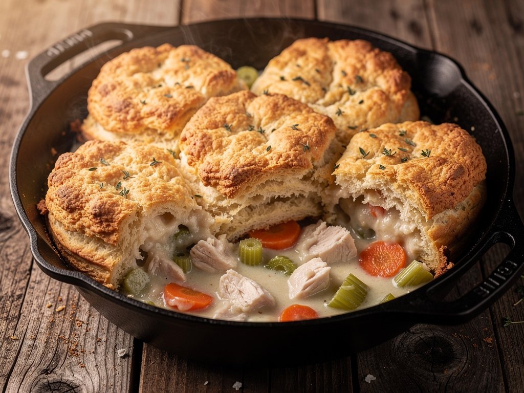 Homestyle Chicken and Biscuit Pot Pie with Carrots and Thyme