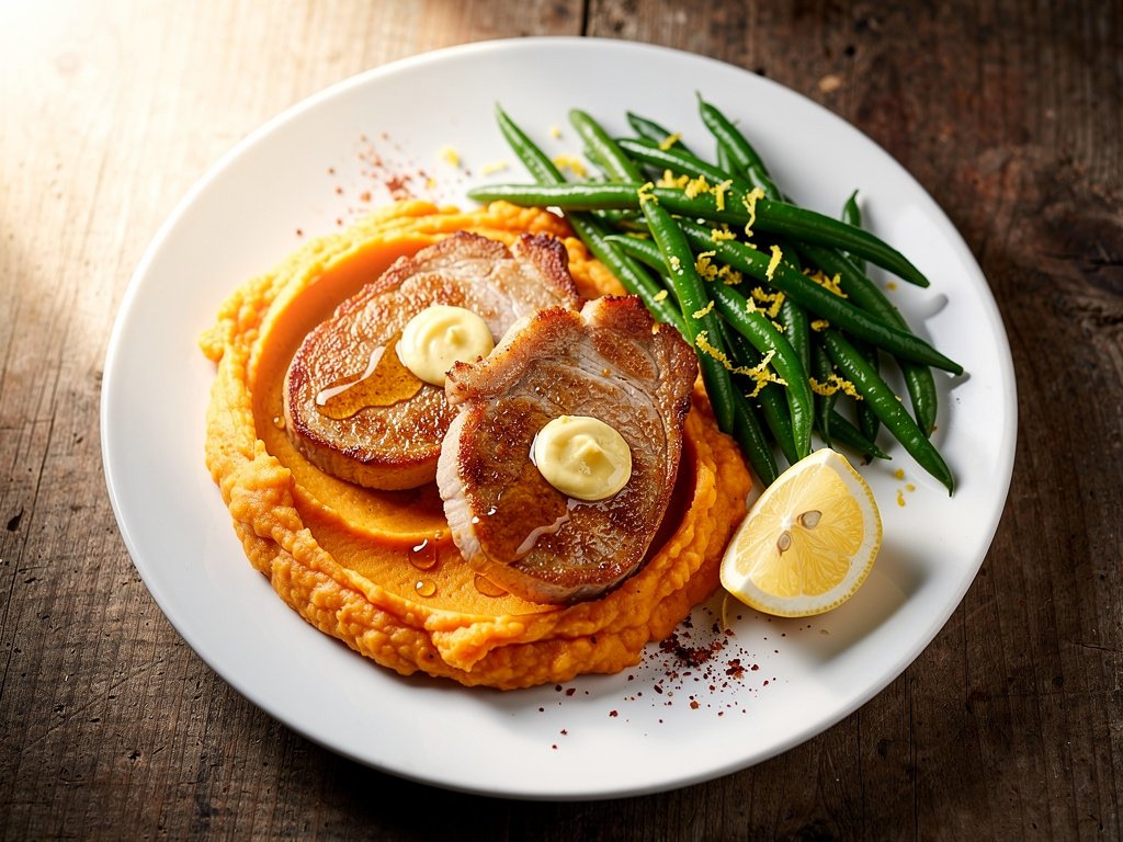 Honey Butter BBQ Pork Cutlets with Mashed Sweet Potatoes and Lemony Green Beans