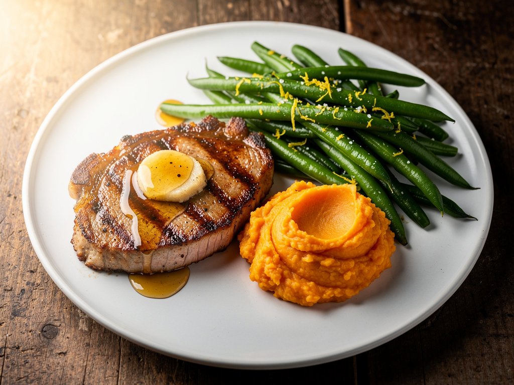 Honey Butter BBQ Pork Cutlets with Mashed Sweet Potatoes and Lemony Green Beans