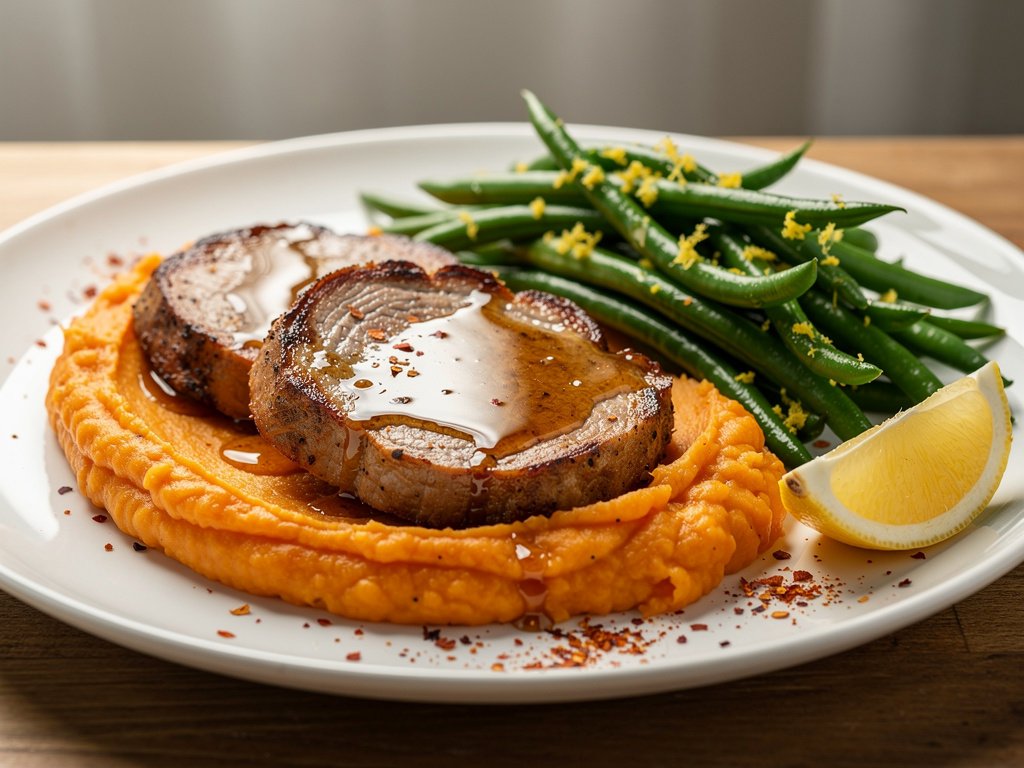 Honey Butter BBQ Pork Cutlets with Mashed Sweet Potatoes and Lemony Green Beans