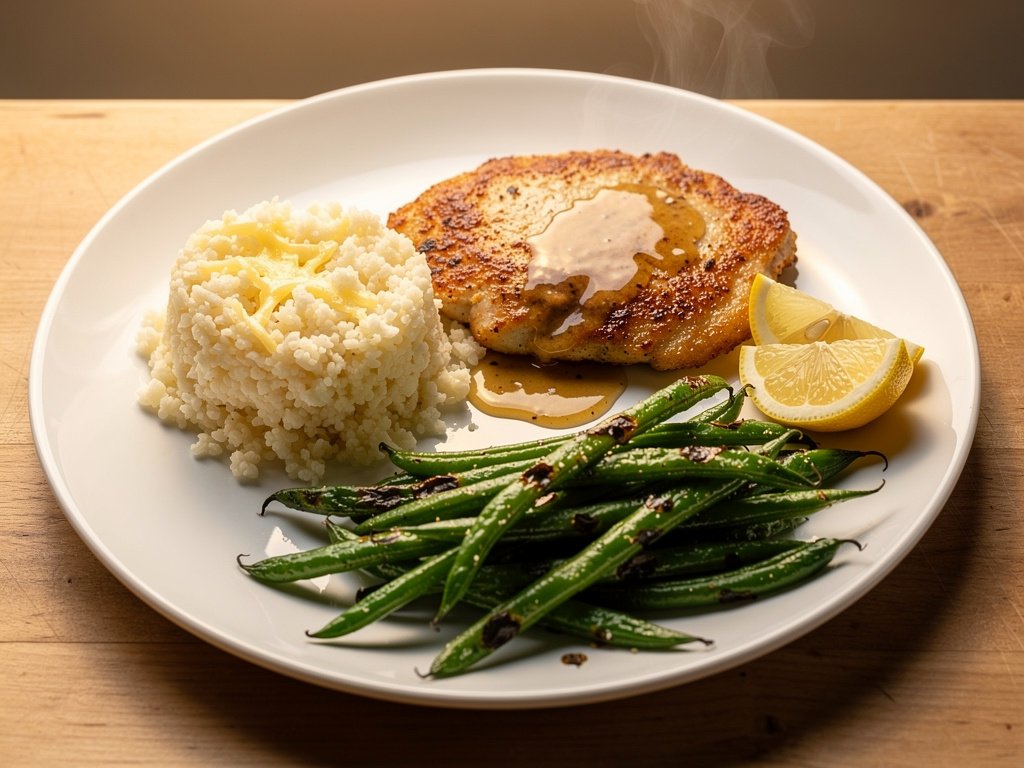 Honey Dijon Chicken with Lemony Green Beans and Cheesy Cauliflower Rice