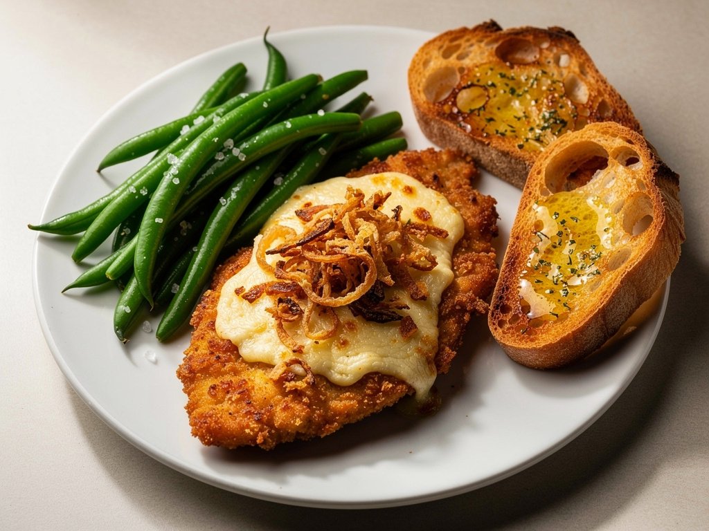 Honey Dijon Crunch Chicken with Green Beans and Garlic Bread