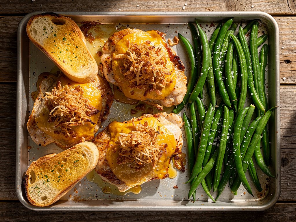 Honey Dijon Crunch Chicken with Green Beans and Garlic Bread