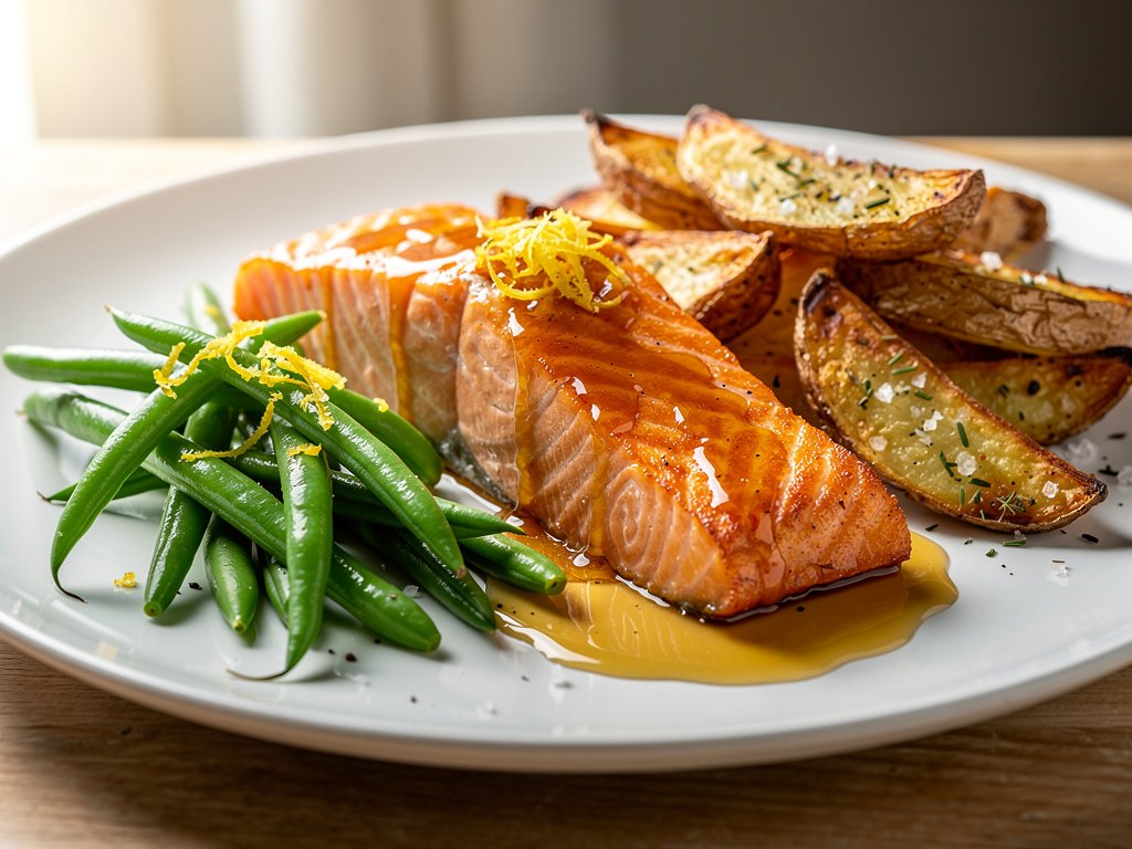 Honey Dijon Glazed Salmon with Roasted Potato Wedges and Lemon Green Beans