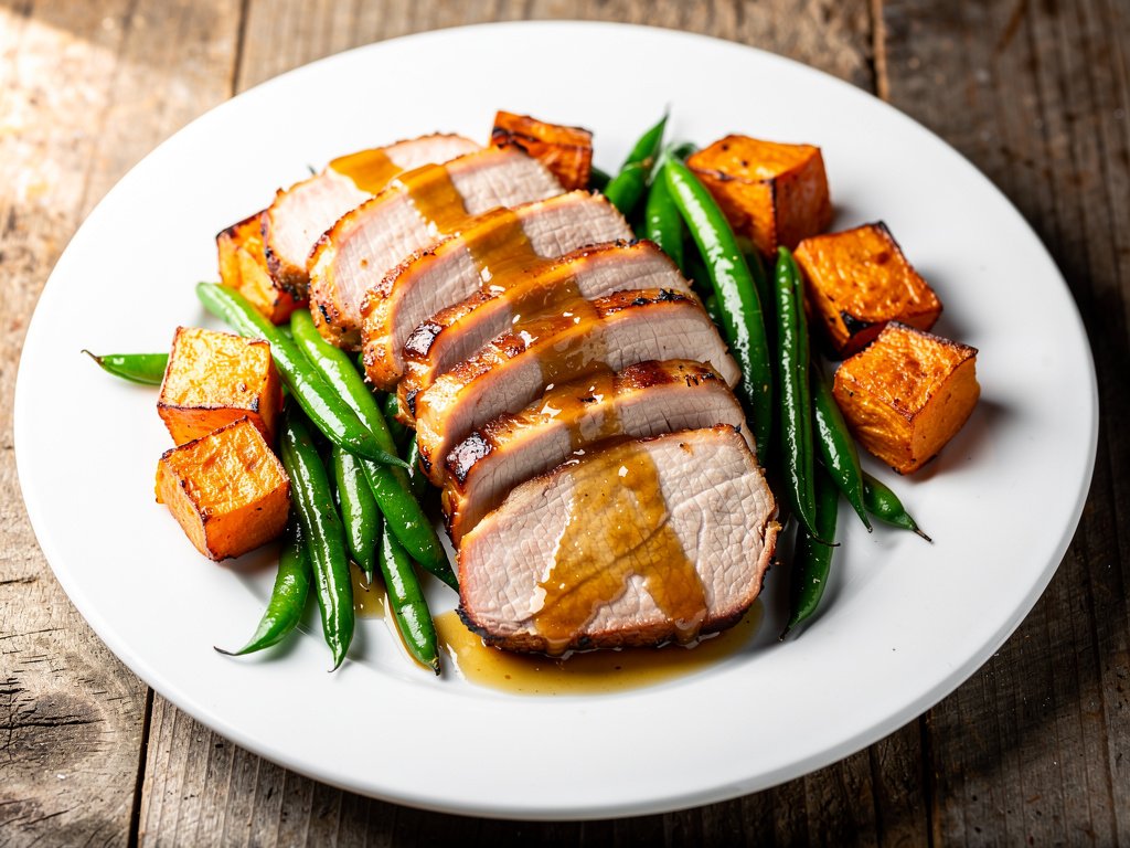 Honey Glazed Pork Tenderloin with Roasted Sweet Potatoes and Green Beans