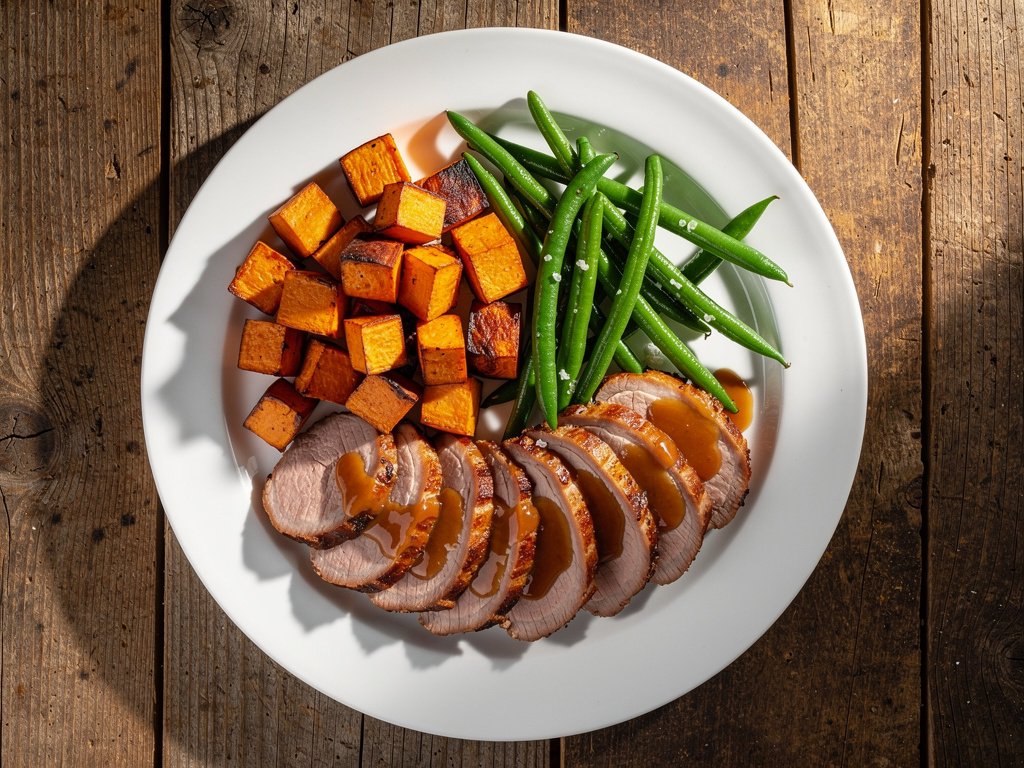 Honey Glazed Pork Tenderloin with Roasted Sweet Potatoes and Green Beans