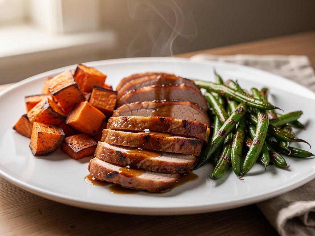Honey Glazed Pork Tenderloin with Roasted Sweet Potatoes and Green Beans