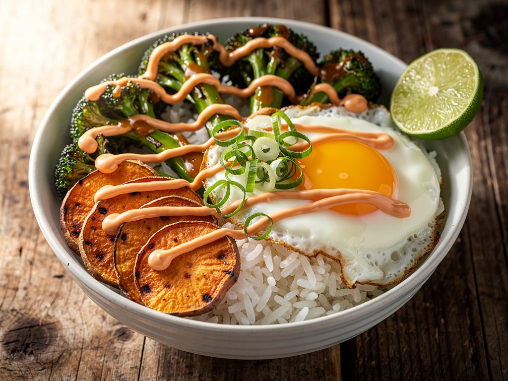 Honey Miso Broccoli Rice Bowl with Sweet Potato and Fried Egg