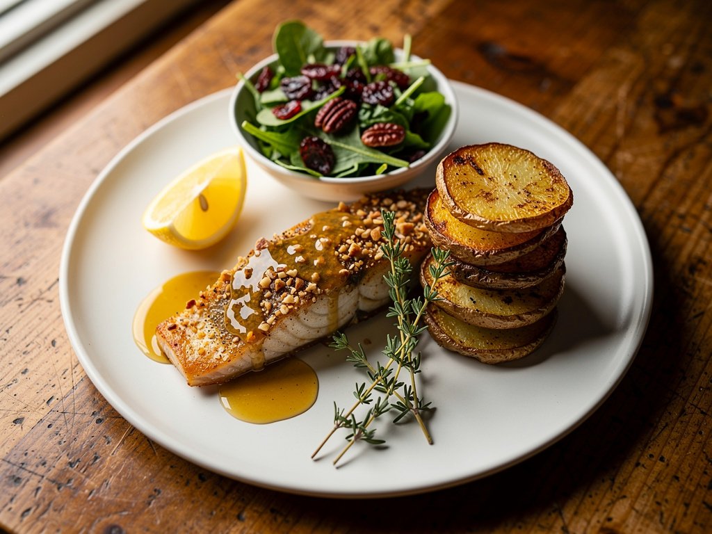 Honey Mustard Pecan-Crusted Trout with Thyme Potatoes and Cranberry Salad