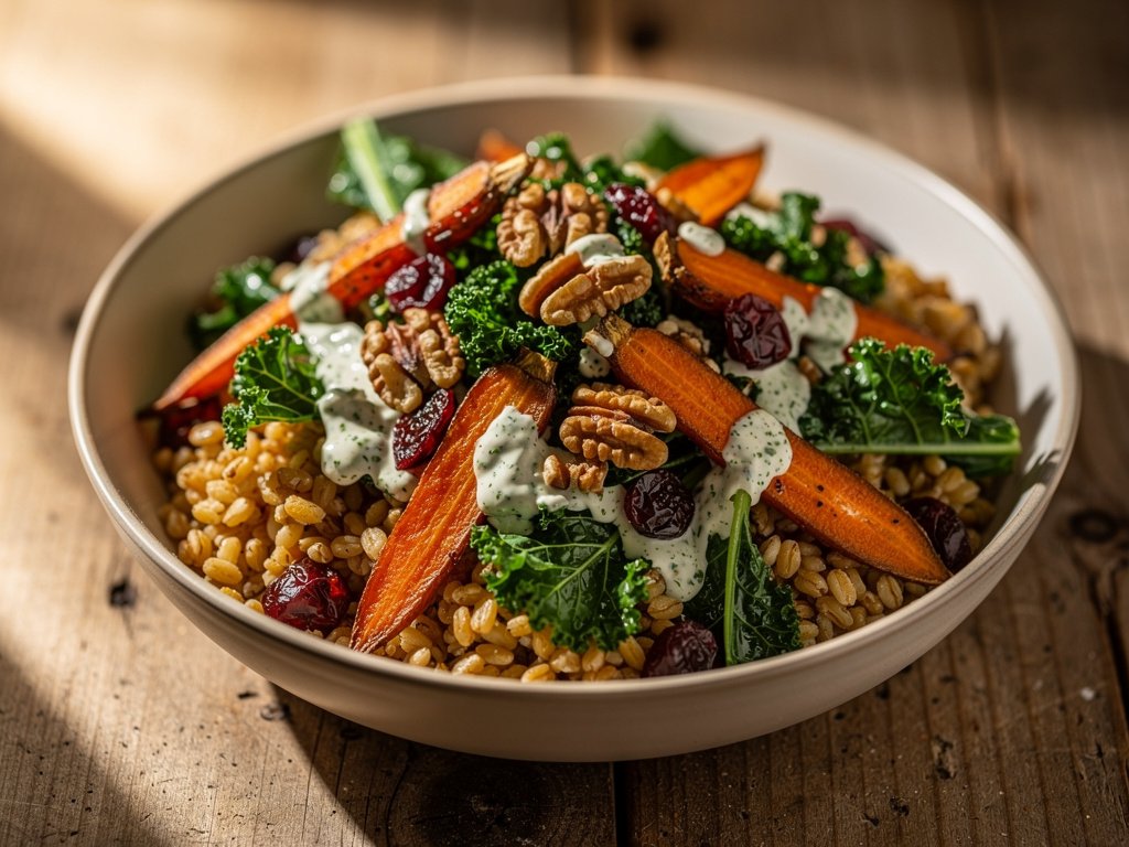 Honey Roasted Carrot Farro Salad with Kale, Cranberries & Creamy Herb Dressing