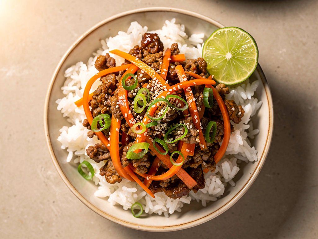 Honey Sesame Beef Stir-Fry with Carrot Ribbons and Jasmine Rice