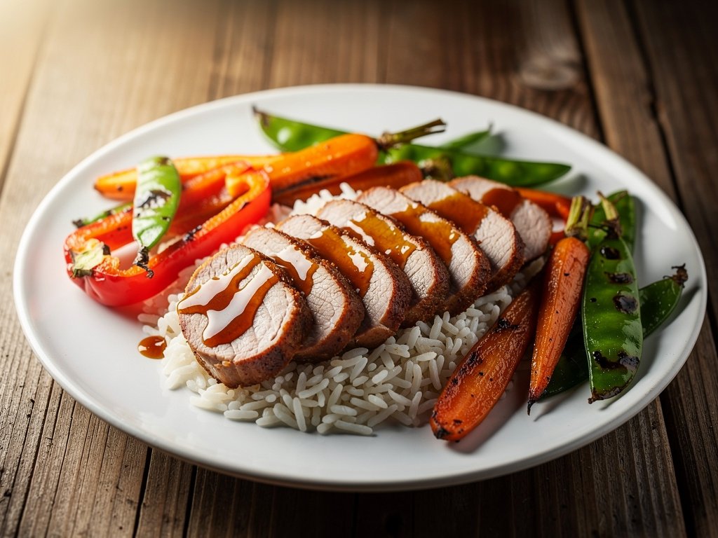 Honey Soy Glazed Pork Tenderloin with Roasted Vegetables and Rice
