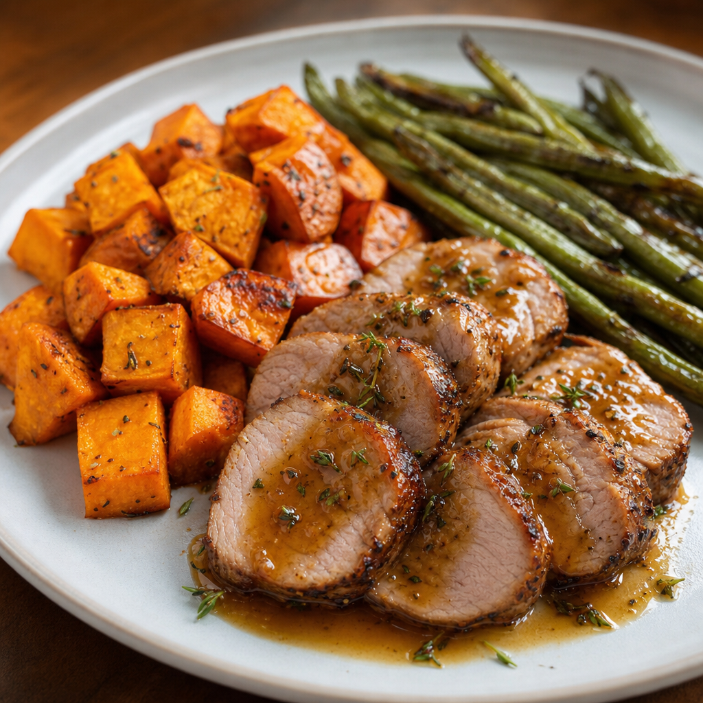Honey Thyme Pork Tenderloin with Roasted Sweet Potatoes and Green Beans