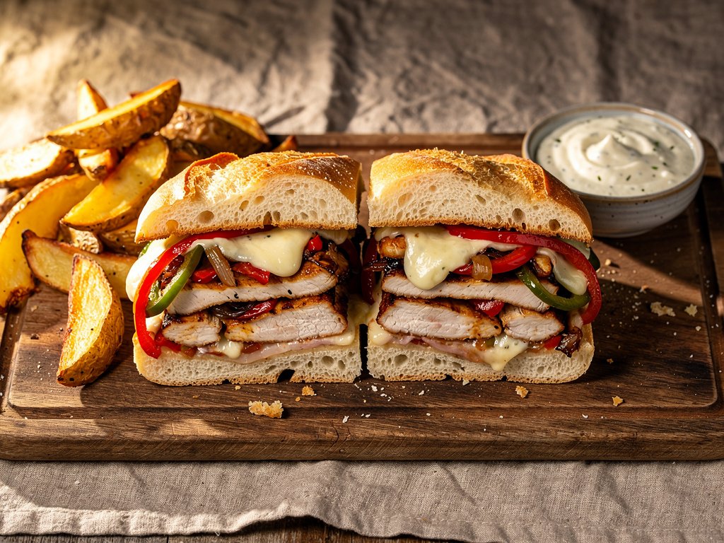 Italian Chicken and Pepper Sandwiches with Potato Wedges and Creamy Garlic Sauce
