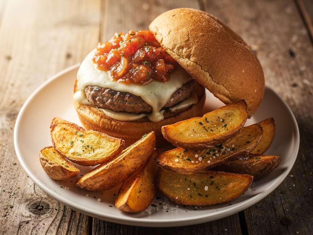 Italian Chicken Sausage Burgers with Tomato Onion Jam and Crispy Potato Wedges