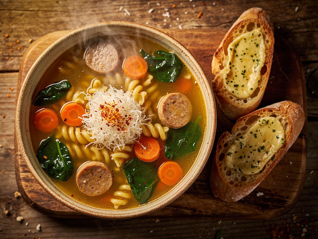 Hearty Italian Chicken Sausage and Fusilli Soup with Parmesan Toasts