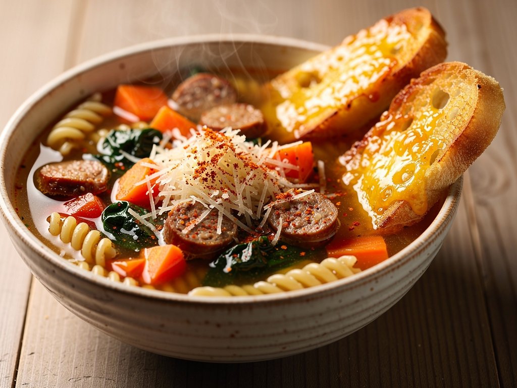 Hearty Italian Chicken Sausage and Gemelli Pasta Soup with Parmesan Toasts