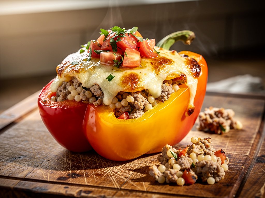 Italian Chicken Sausage Stuffed Peppers with Couscous and Mozzarella