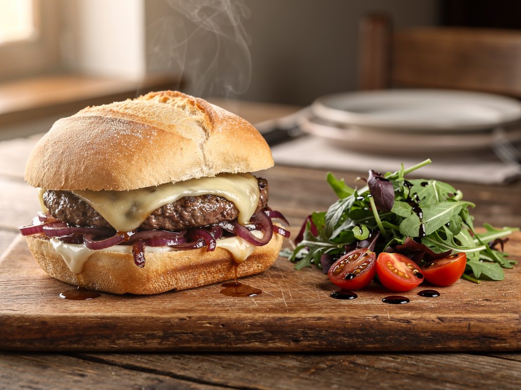Italian-Style Ciabatta Cheeseburgers with Balsamic Greens
