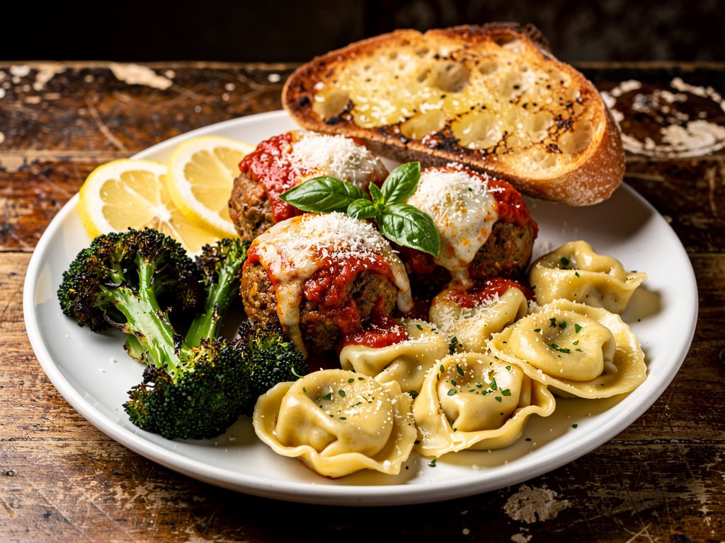Italian Feast with Parmesan Meatballs, Buttered Tortelloni, and Lemony Broccoli