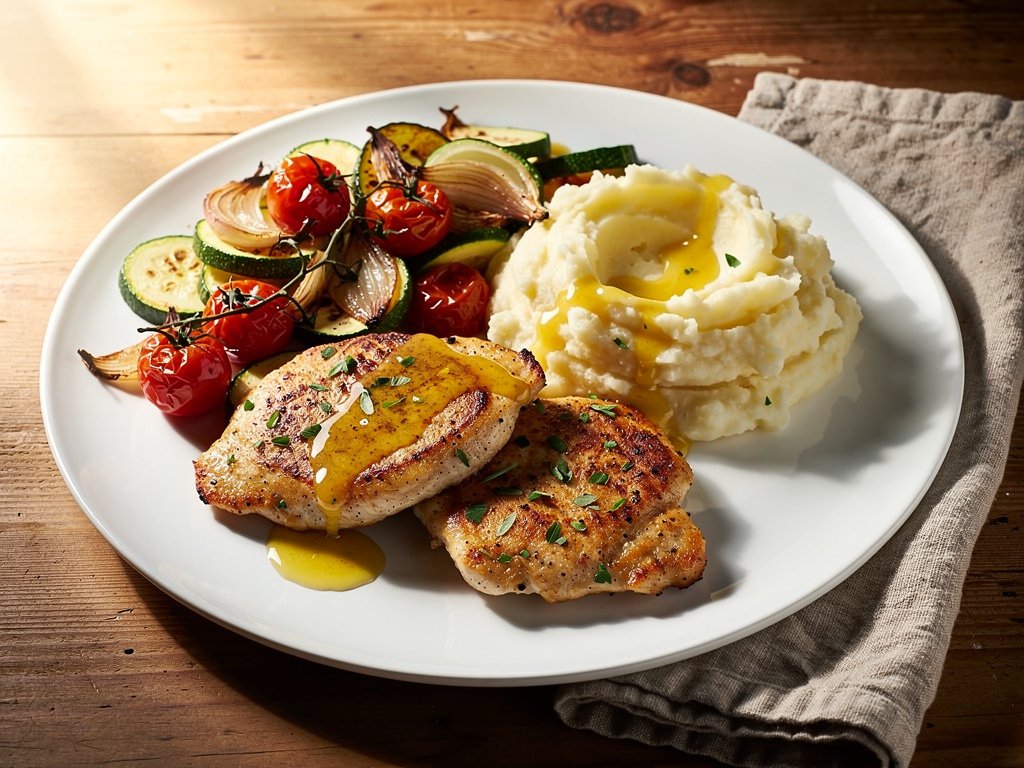 Italian Herb Chicken Cutlets with Cheesy Mashed Potatoes and Tomato Zucchini Sauté