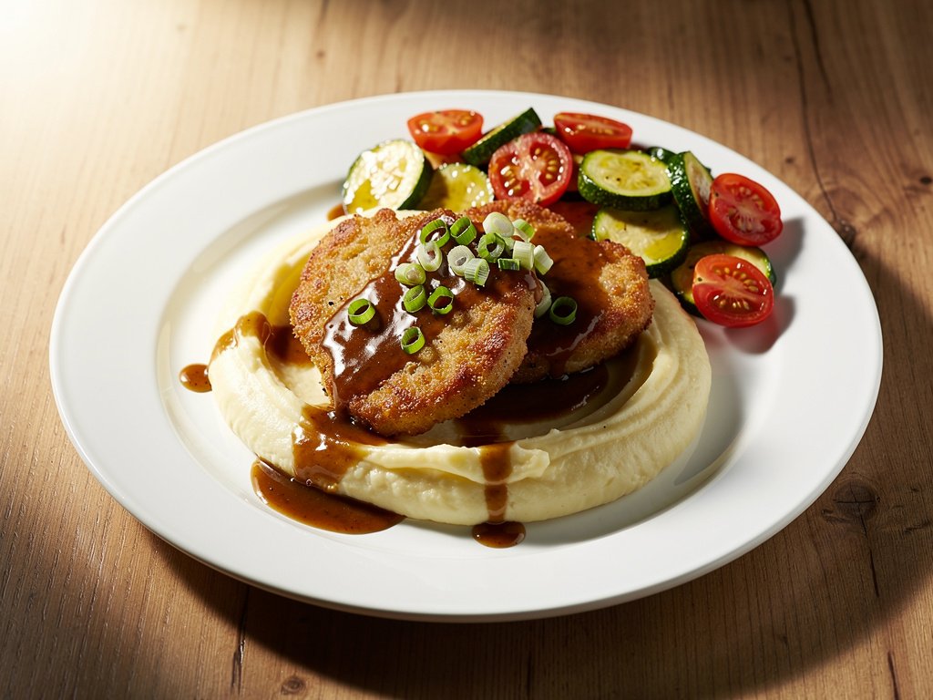 Italian Herb Chicken Cutlets with Cheesy Mashed Potatoes and Tomato Zucchini Sauté