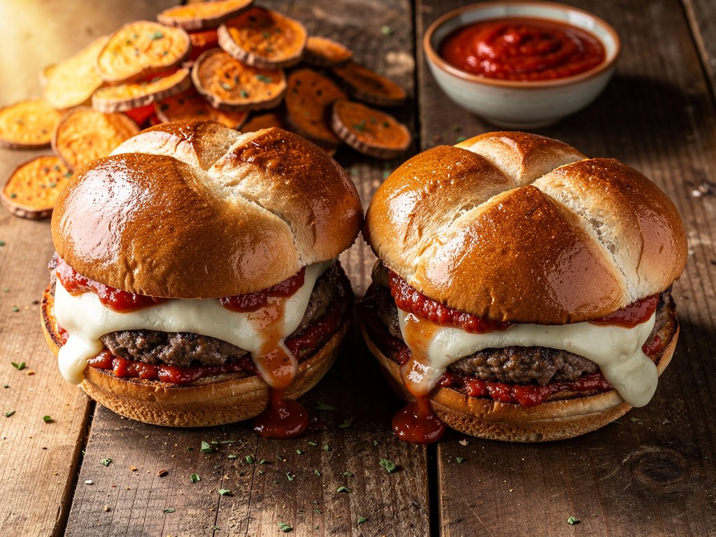 Italian Mozzarella Burgers with Sweet Potato Fries and Make-Ahead Pasta Bake
