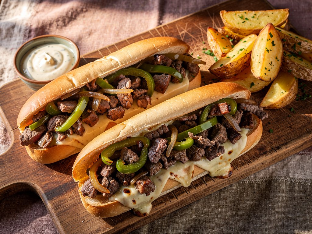 Italian Pepper Steak Sandwiches with Melty Mozzarella and Roasted Potato Wedges