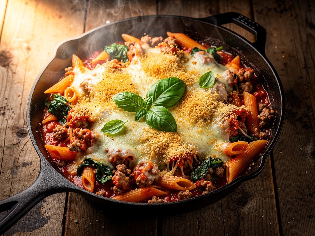 Italian-Style Pork and Penne Casserole with Mozzarella and Spinach