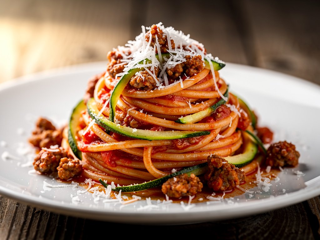 Hearty Italian Pork Sausage Spaghetti with Zucchini Ribbons
