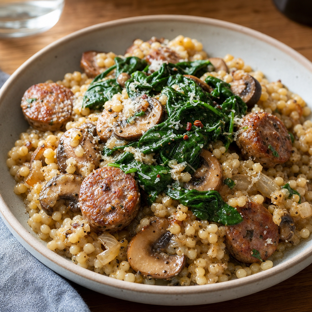 Italian Sausage Couscous Bowls with Mushrooms, Spinach, and Parmesan