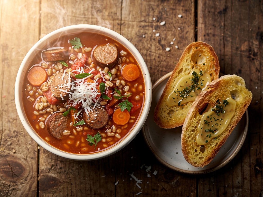 Hearty Italian Sausage and Farro Soup with Herb Butter Toasts