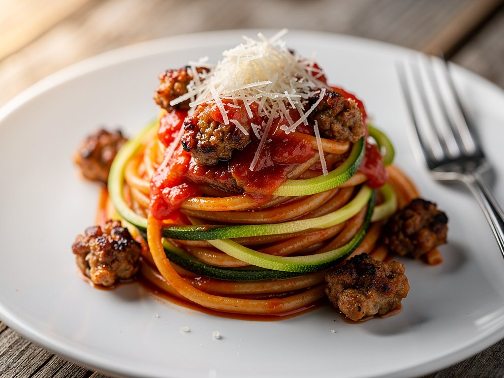 Hearty Italian Sausage Spaghetti with Zucchini Ribbons and Parmesan