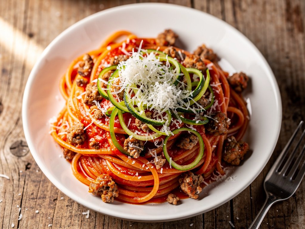 Italian Sausage Spaghetti with Zucchini Ribbons and Parmesan